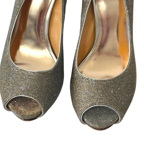 Badgley Mischka Heels - Silver Sparkle Peep Toe 5 inch Stiletto - Leather Soles - Picture 10 of 12